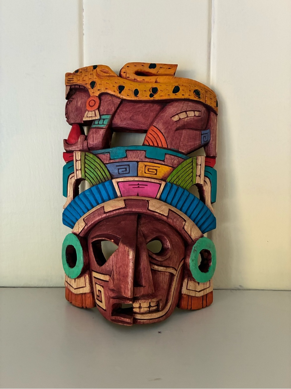Hand Carved and Lainted Mayan Tribal Jaguar Headdress Wall Mask - Colorful